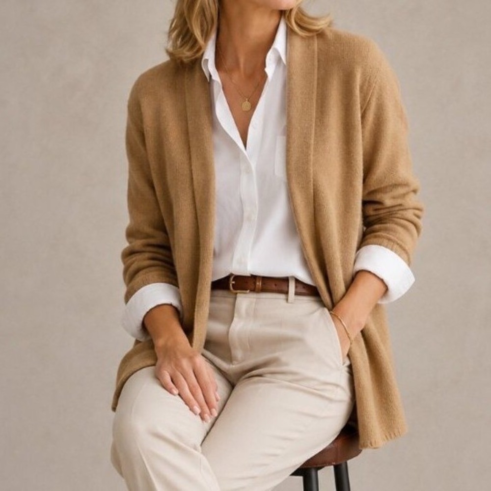 Cashmere Open Front Cardigan Camel Longline Sweater Women's Medium Evelyn Grace